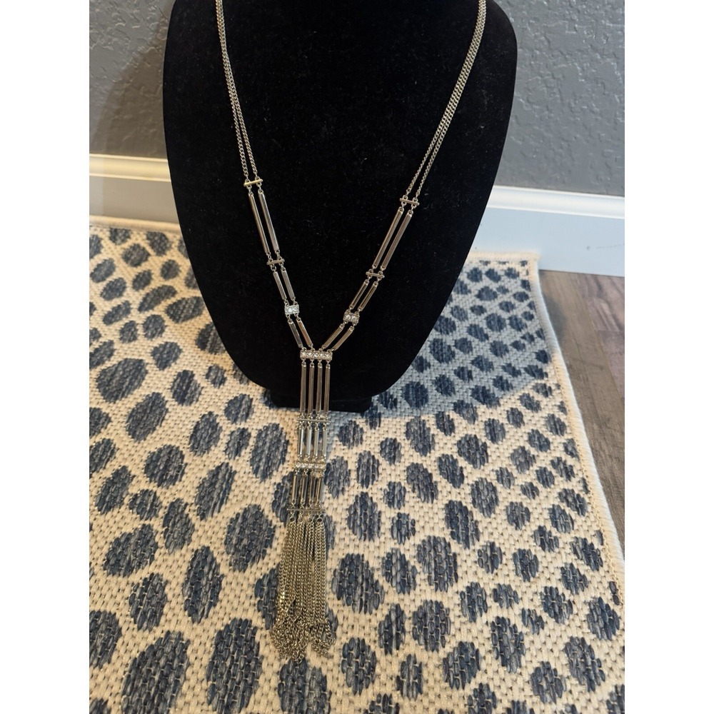 White House Black Market Bar Front Tassle Long Silver Rhinestone Necklace